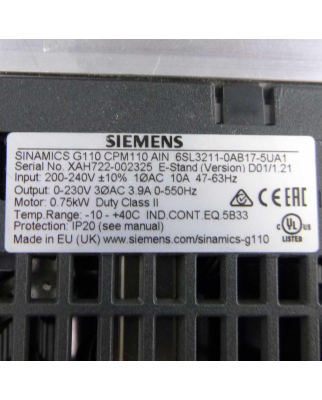 Siemens Sinamics G110 CPM110 AC-Drive 6SL3211-0AB17-5UA1 GEB