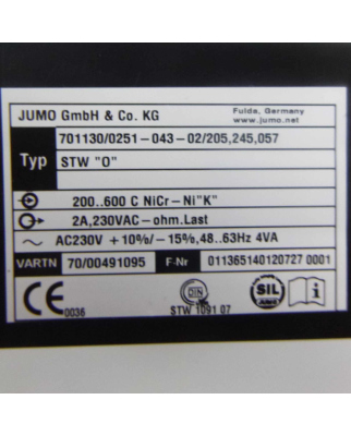 JUMO Temp.begrenzer STW "O" 701130/0251-043-02/205,245,057 230VAC GEB