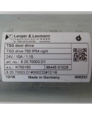 Langer&Laumann Antrieb 8.20.70003.D1 TSG drive 750 IP54 right 24V/10A/1:15 GEB