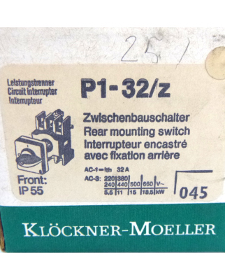 Klöckner Moeller Zwischenbauschalter P1-32/z OVP