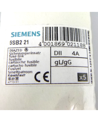 Siemens Diazed Sicherungseinsätze DII 4A 5SB221 (5Stk.) OVP