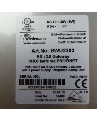 Bihl+Wiedemann AS-i 3.0 PROFINET Gateway BWU2383 OVP