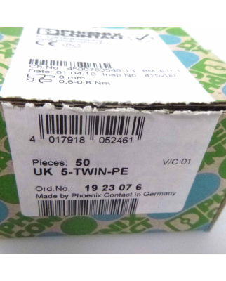 Phoenix Contact Schutzleiter-Reihenklemme UK 5-TWIN-PE 1923076 (50Stk.) OVP