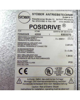 Stöber Posidrive Frequenzumrichter FDS4024/B 1,5kW GEB