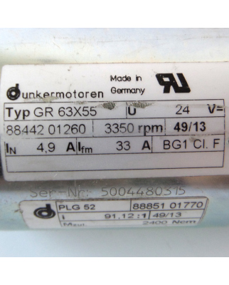 Dunkermotoren Motor GR63X55 24V 3350rpm + PLG52 2400Ncm GEB