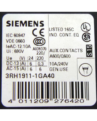 Siemens Hilfsschalterblock 3RH1911-1GA40 OVP