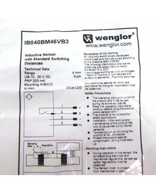 wenglor sensoric Induktiver Sensor IB040BM46VB3 OVP