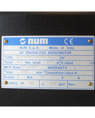 NUM AC Brushless Servomotor BPH0952N5RF2C01 NOV