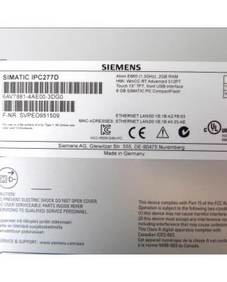 Siemens SIMATIC Nanopanel PC IPC277D 6AV7881-4AE00-3DG0 GEB
