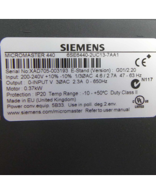 Siemens Micromaster 440 6SE6440-2UC13-7AA1 E-Stand:G01/2.20 OVP