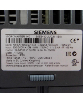 Siemens Micromaster 440 6SE6440-2UC21-1BA1 E-Stand:H01/2.21 1,1kW OVP