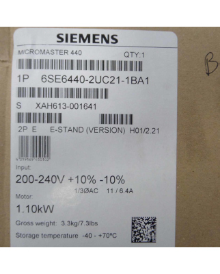 Siemens Micromaster 440 6SE6440-2UC21-1BA1 E-Stand:H01/2.21 1,1kW OVP