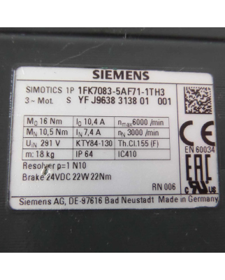 Siemens Synchronservomotor 1FK7083-5AF71-1TH3 NOV
