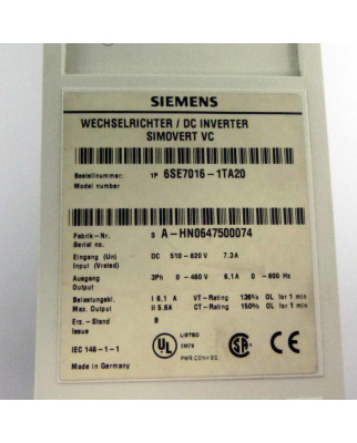 Siemens SIMOVERT VC KOMPAKTGERAET 6SE7016-1TA20 GEB