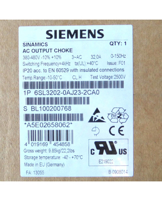 Siemens Sinamics Ausgangsdrossel 6SL3202-0AJ23-2CA0 OVP