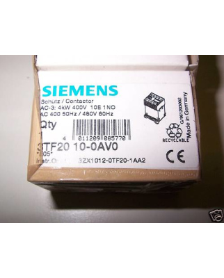 Siemens Schütz 3AC/4kW/400V 3TF2010-0AV0 OVP