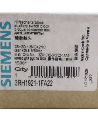 Siemens Aufsatzblock 3RH1921-1FA22 OVP