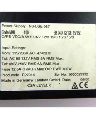 Omega Power Supply MML400 NS-LGE-087 GEB