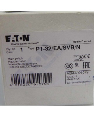 Eaton Hauptschalter P1-32/EA/SVB/N 091079 OVP