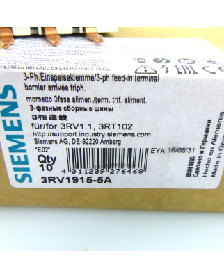 Siemens 3-Phasen-Einspeiseklemme 3RV1915-5A (5Stk) OVP