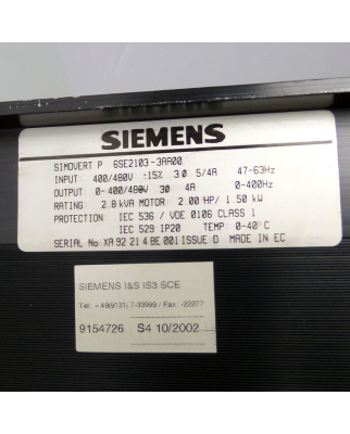 Siemens Simovert Pulsumrichter 6SE2103-3AA00 GEB