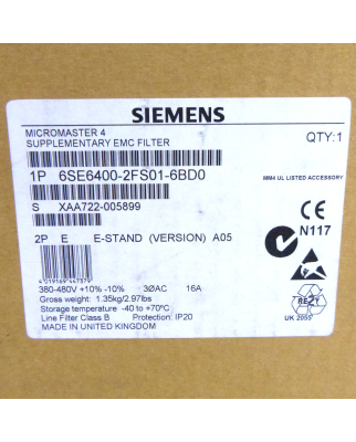 Siemens Micromaster 4 Zusatzfilter 6SE6400-2FS01-6BD0 E-Stand: A05 OVP