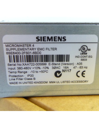 Siemens Micromaster 4 Zusatzfilter 6SE6400-2FS01-6BD0 E-Stand: A05 OVP