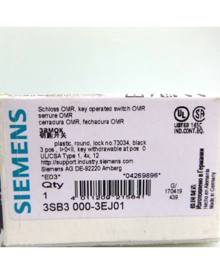 Siemens Schluesselschalter OMR 3SB3000-3EJ01 OVP