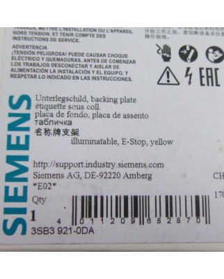 Siemens Unterlegschild 3SB3921-0DA OVP