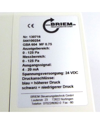 Briem Differenzdruckmessgerät GBA 604 MF 0.75 0-125Pa OVP