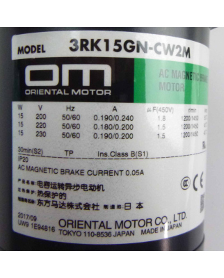 ORIENTAL MOTOR AC Magnetic Brake Motor 3RK15GN-CW2ME OVP