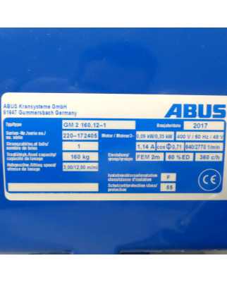 ABUS Elektro-Kettenzug GM 2 160.12-1 160 kg + Tele-Radio Funk TG-T9-1 OVP