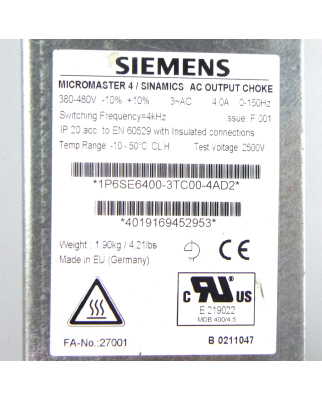 Siemens Micromaster 4 Ausgangsdrossel 6SE6400-3TC00-4AD2 #K2 GEB