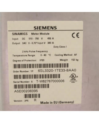 Sinamics S120 Single Motor Module 6SL3320-1TE33-8AA0...