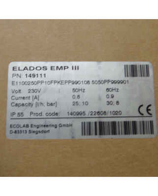 Ecolab Membrandosierpumpe ELADOS EMP III 149111 25l/h 10bar 30l/h 8bar OVP