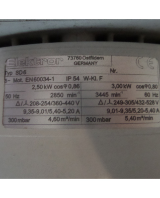 Elektror Seitenkanalverdichter SD6 300mbar 4,6/5,4m³min 2,5/3,0kW NOV