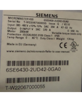 Siemens Micromaster 430 6SE6430-2UD42-0GA0 E-Stand:Q/V2.10 GEB