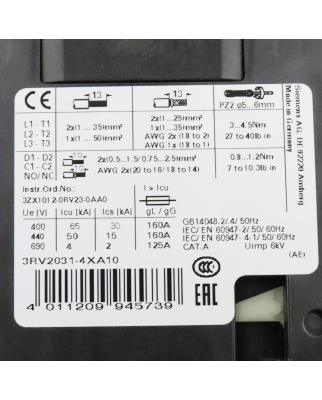Siemens Leistungsschalter 3RV2031-4XA10 NOV