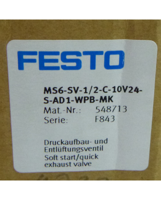 Festo Druckaufbau- und Entlüftungsventil MS6-SV-1/2-C-10V24-S-AD1-WPB-MK 548713 OVP