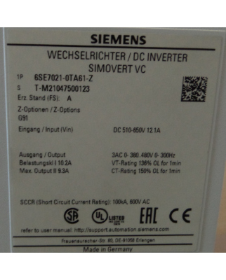 SIMOVERT Masterdrive 6SE7021-0TA61-Z Z=G91 E-Stand:A OVP