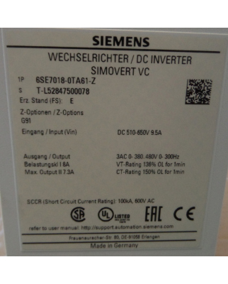 SIMOVERT Masterdrive 6SE7018-0TA61-Z Z=G91 E-Stand:E OVP