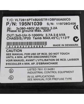 Danfoss Frequenzumrichter VLT2815PT4B20STR1DBF00A00C0...
