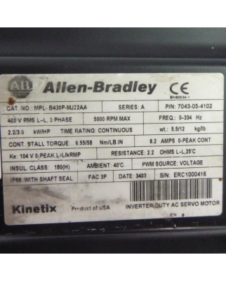 Allen Bradley Servo Motor MPL-B430P-MJ22AA Ser.A NOV