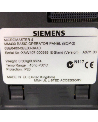 Siemens Micromaster 4 Basic Operator Panel 2 6SE6400-0BE00-0AA0 GEB