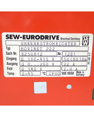 SEW EURODRIVE Moviret 222 8250812 Umkehrstromrichter 22A used 