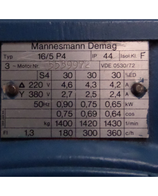 Mannesmann Demag Motor 16/5 P4 0,90kW + FG24 i=10 GEB