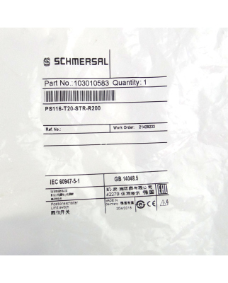 SCHMERSAL Positionsschalter PS116-T20-STR-R200 103010583 OVP