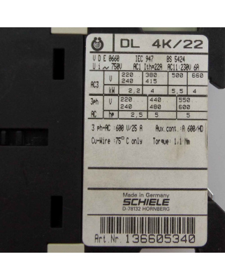 Schiele Leistungsschütz DL 4K-22 136605340 230V...