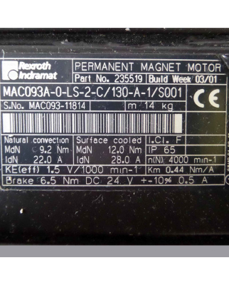 INDRAMAT Servomotor MAC093A-0-LS-2-C/130-A-1/S001 235519 GEB