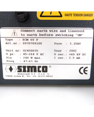 SIMCO DC-Hochspannungsgenerator ECM 60 P 0970709100 GEB